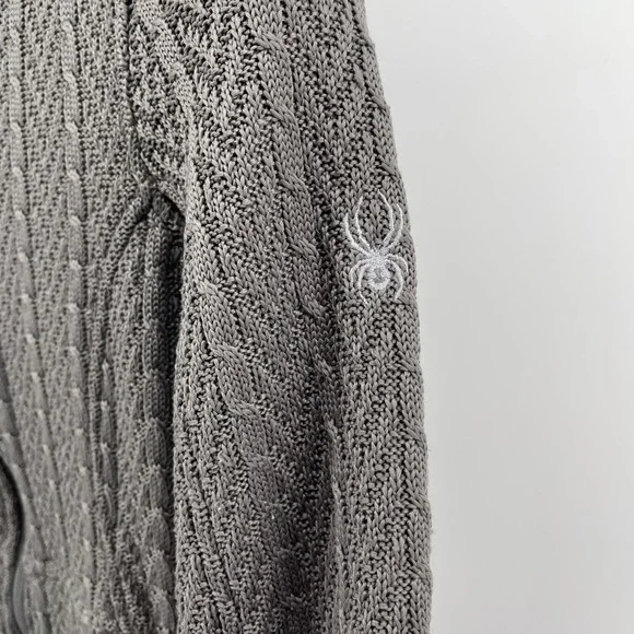Spyder Cable Knit Sweater Jacket Women M Gray Fleece Lined Cabin Skiing Full Zip - Picture 5 of 13